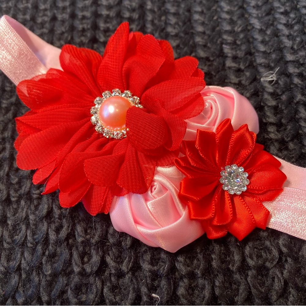 FLOWER AND PEARL RHINESTONE BABY STRETCHY HEADBAND